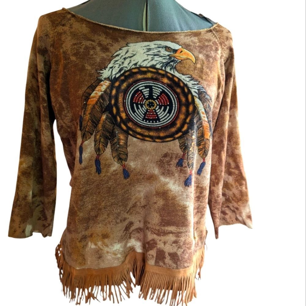vintage women's Native American Style silk Top  Fringe Hem Eagle Boho XL Tie Dye